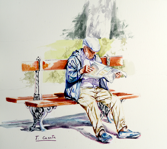Abuelo leyendo el periódico en un banco de Madrid, escena cotidiana pintada en acuarela.