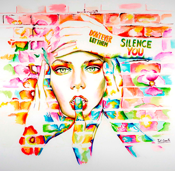 Alza la voz, retrato simbólico en acuarela de Toti Cuesta sobre identidad, libertad de expresión y empoderamiento femenino<br />
