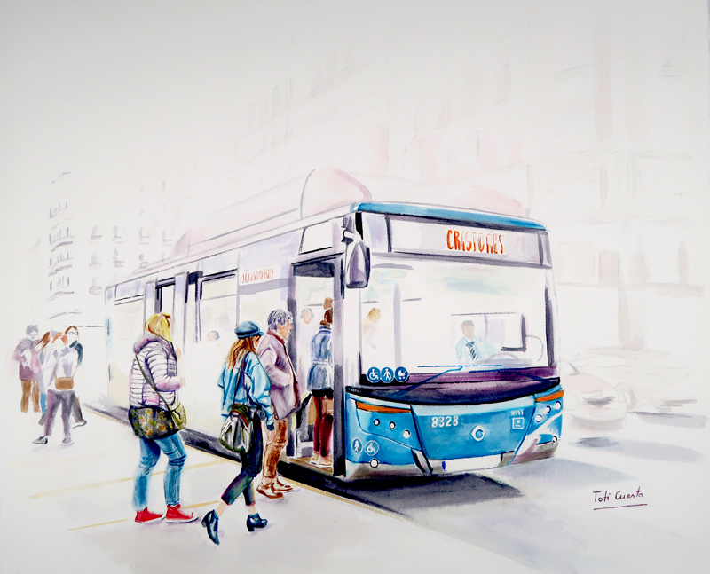 Escena cotidiana de Madrid con personas subiendo a un autobús urbano pintada en acuarela por Toti Cuesta