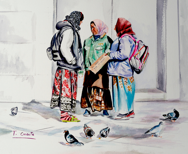 Tres mujeres conversando en la Puerta del Sol de Madrid pintadas en acuarela por Toti Cuesta