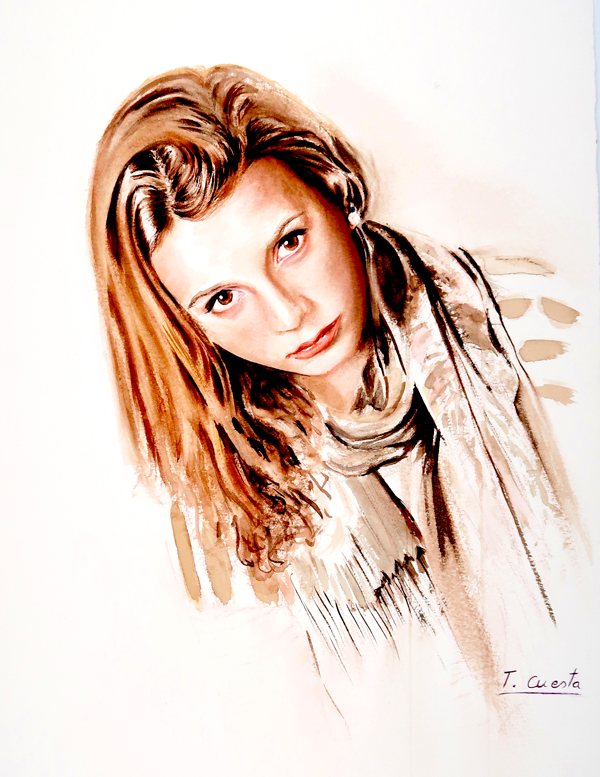 Acuarelista contemporánea representando una figura femenina fusionada con ramas y formas orgánicas en una obra de acuarela.