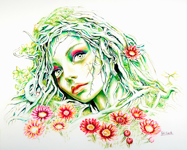 Acuarelista contemporánea representando una figura femenina rodeada de flores y vegetación en acuarela.