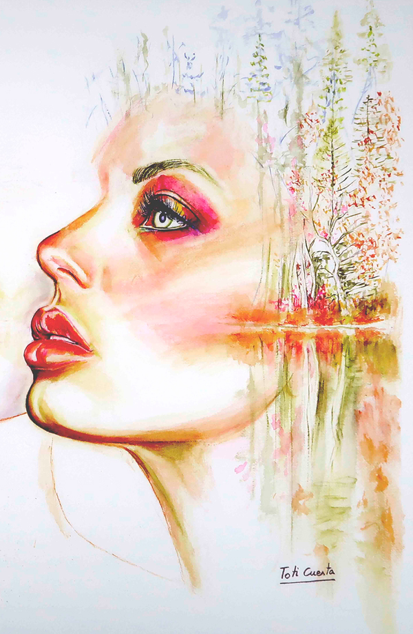 Retrato femenino contemporáneo en acuarela con colores simbólicos y paisaje integrado