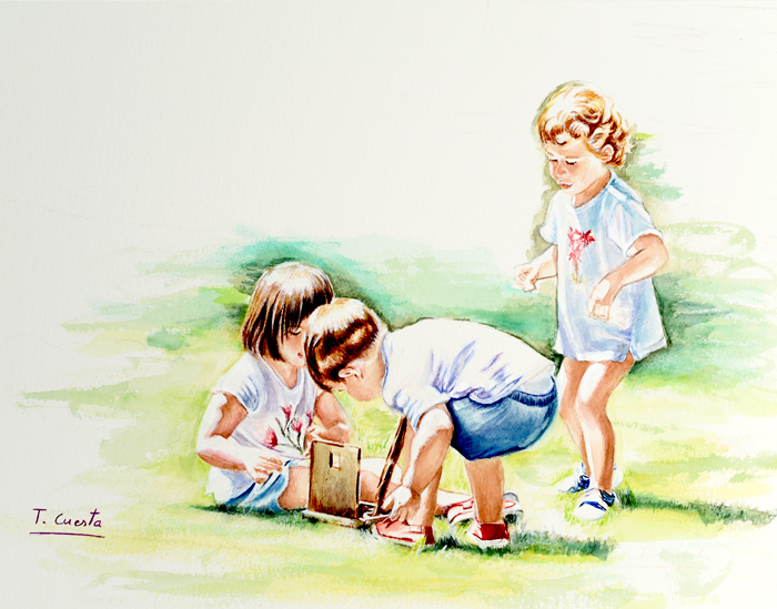 Acuarela de niños jugando y explorando una boca de riego en un parque de Madrid.