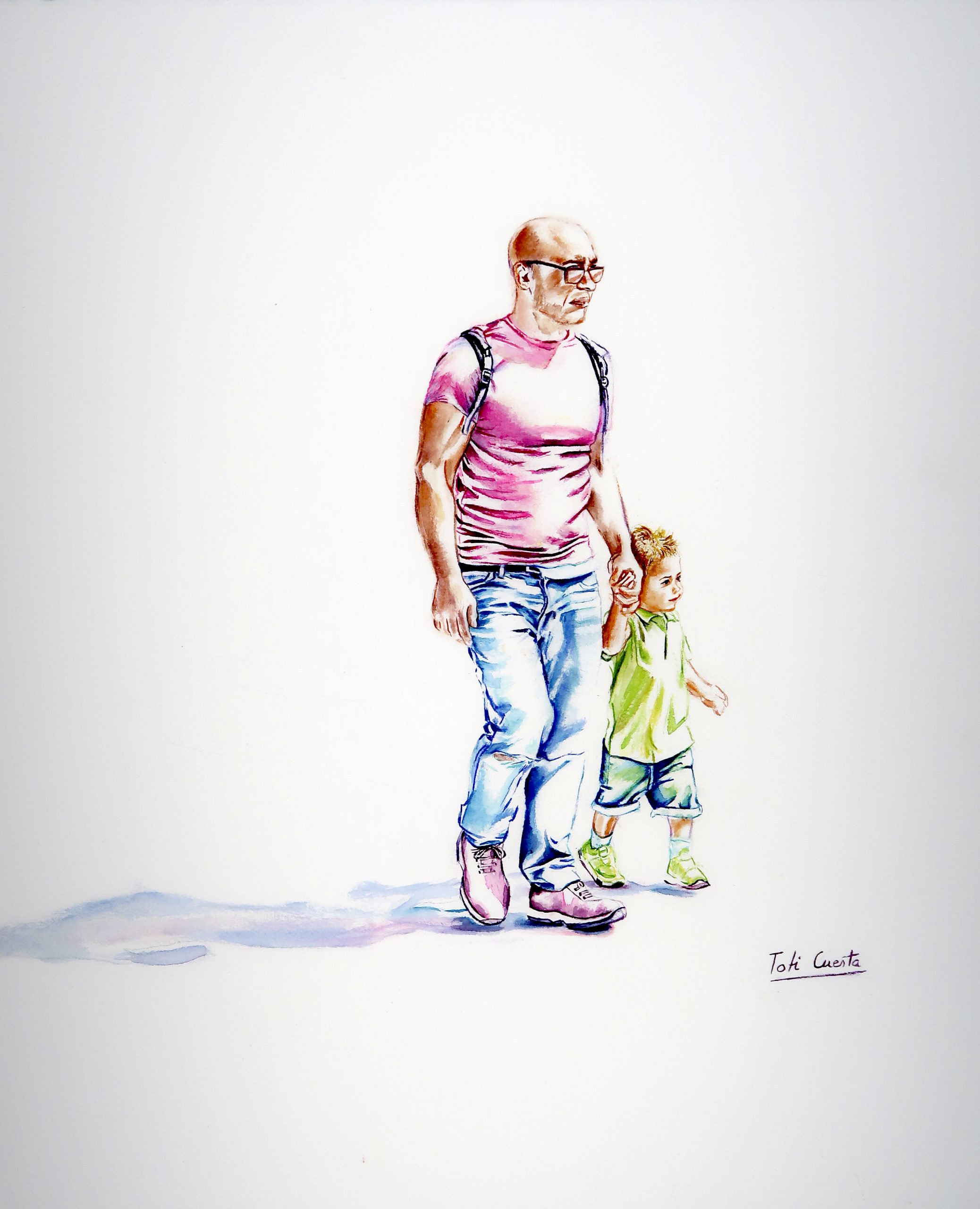 Padre paseando con dos niños en una escena cotidiana de Madrid pintada en acuarela.