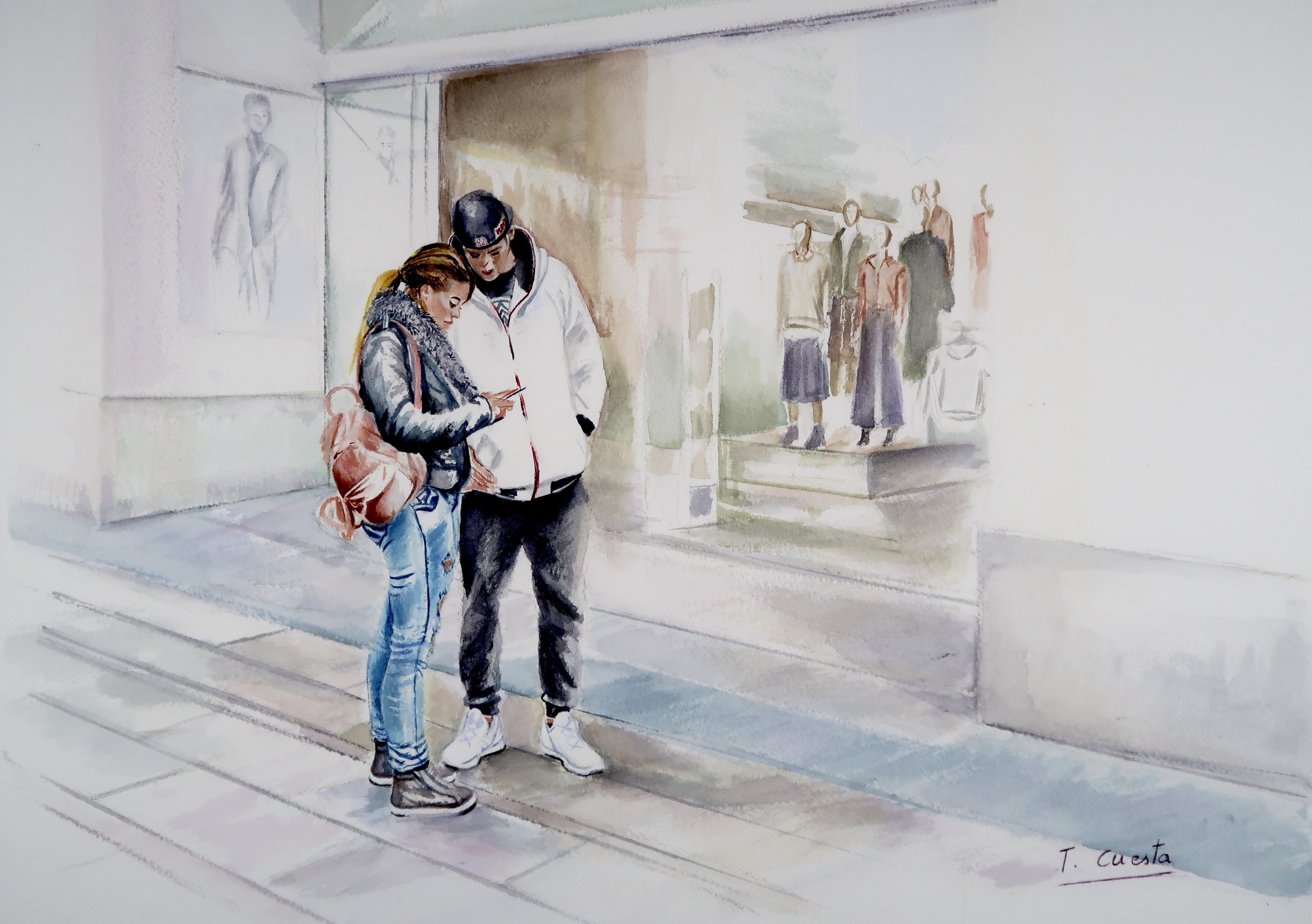 Pareja de novios paseando por la Gran Vía de Madrid, acuarela de Toti Cuesta