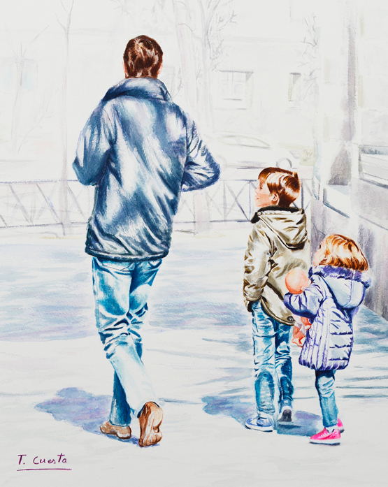 Padre paseando con dos niños en una escena cotidiana de Madrid pintada en acuarela.