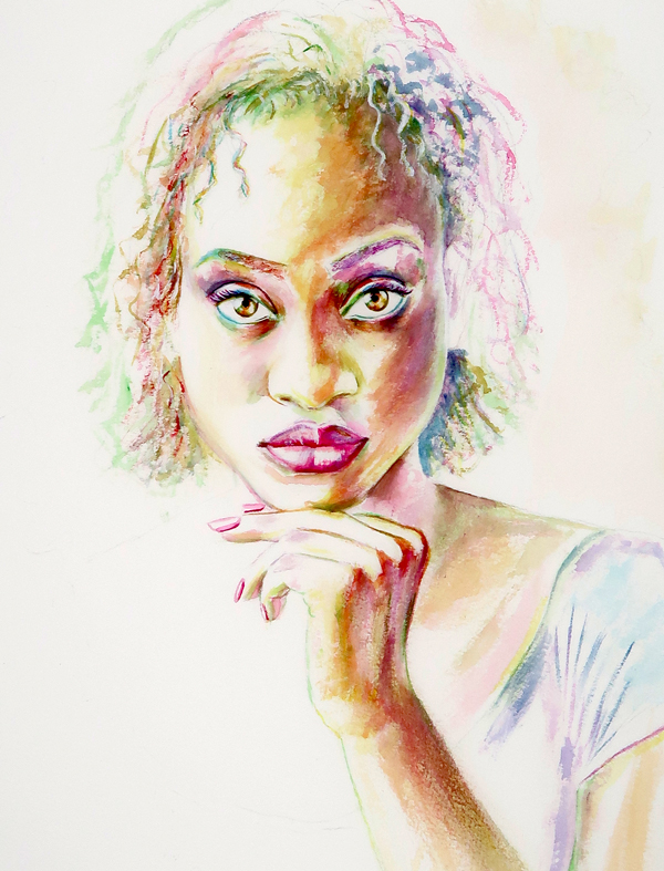 Retrato en acuarela personalizado con colores simbólicos y expresión intensa realizado por Toti Cuesta.