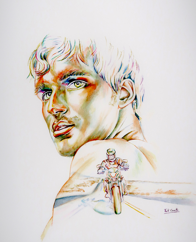 Retrato en acuarela personalizado inspirado en la pasión por las motocicletas y la libertad de viajar