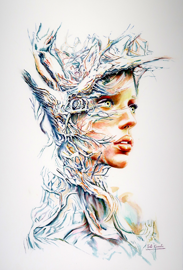 Acuarelista contemporánea representando una figura femenina fusionada con ramas y formas orgánicas en una obra de acuarela.