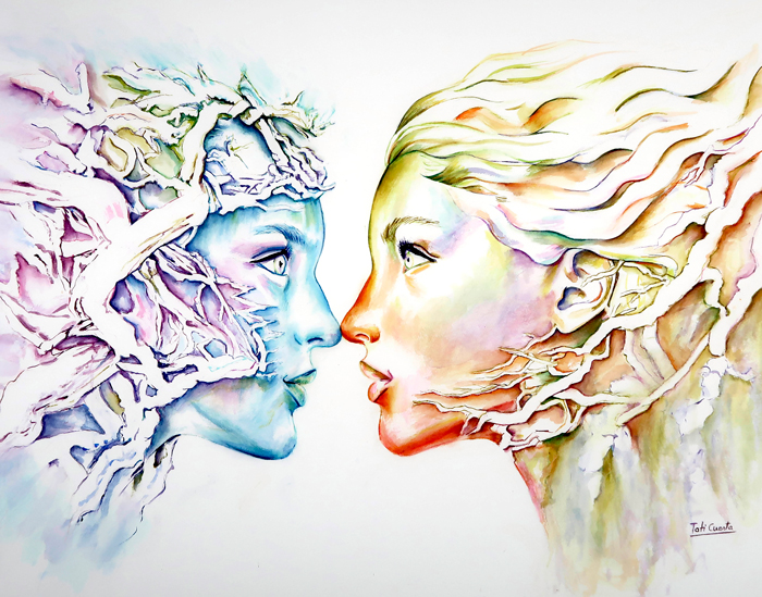Retrato surrealista en acuarela de figura femenina fusionada con ramas y formas de árbol.