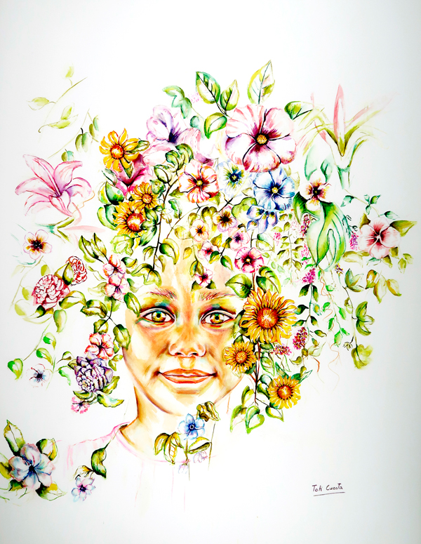 Acuarelista contemporánea representando una figura femenina rodeada de flores y vegetación en acuarela.