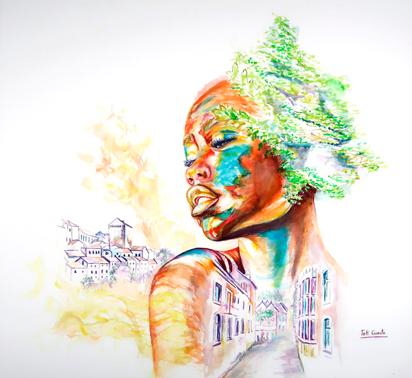 Acuarelista contemporánea representando una figura femenina fusionada con naturaleza y arquitectura urbana.