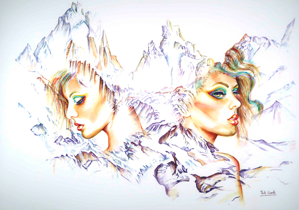 Acuarelista contemporánea representando dos figuras femeninas integradas en un paisaje de montaña.