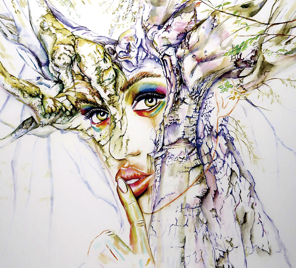 Alma de árbol, acuarela surrealista de Toti Cuesta. Figura femenina fusionada con un árbol en actitud de silencio y recogimiento interior