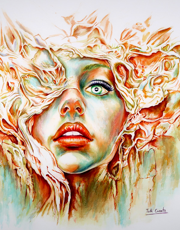 Acuarela surrealista de una figura femenina fusionada con formas orgánicas y elementos simbólicos.