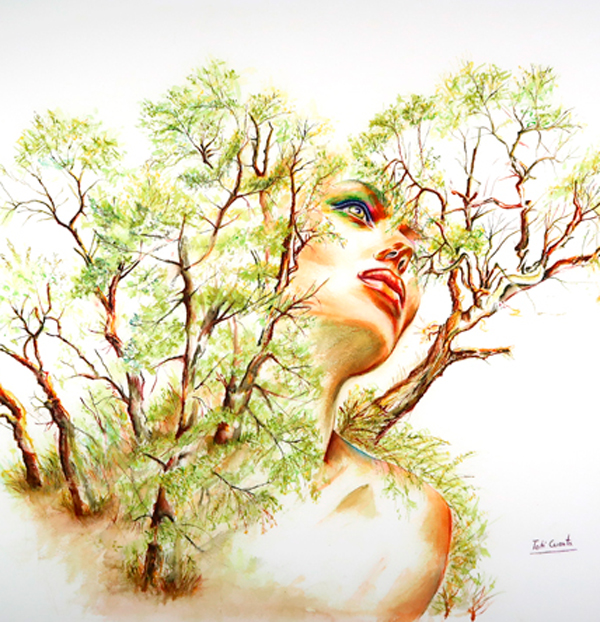 Paisaje y retrato en acuarela donde la figura femenina se fusiona con árboles y naturaleza en una composición simbólica