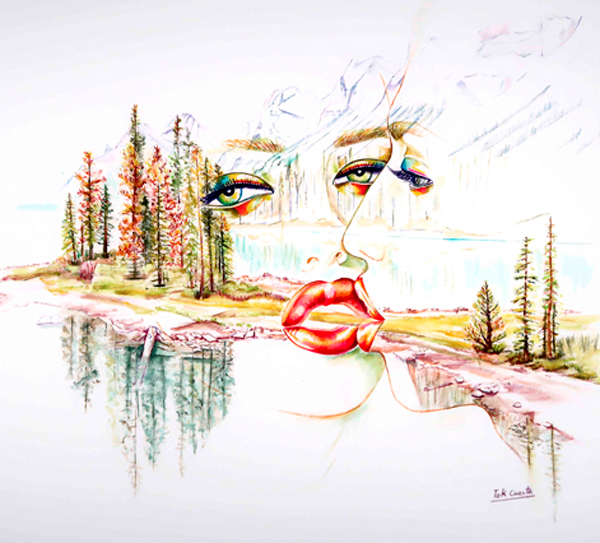 Paisaje y retrato en acuarela donde una figura femenina se fusiona con montañas, árboles y agua