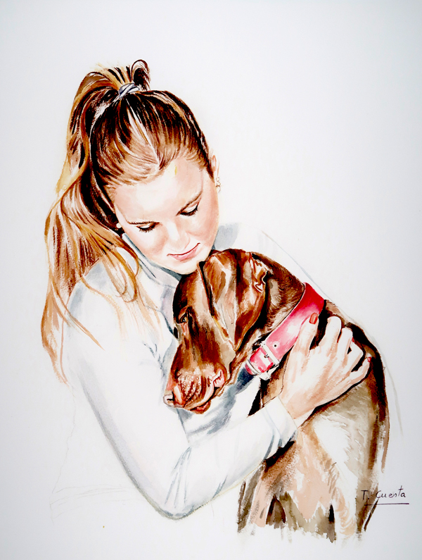 Retrato en acuarela de una mujer abrazando a su perro, una escena íntima que transmite calma y cariño.
