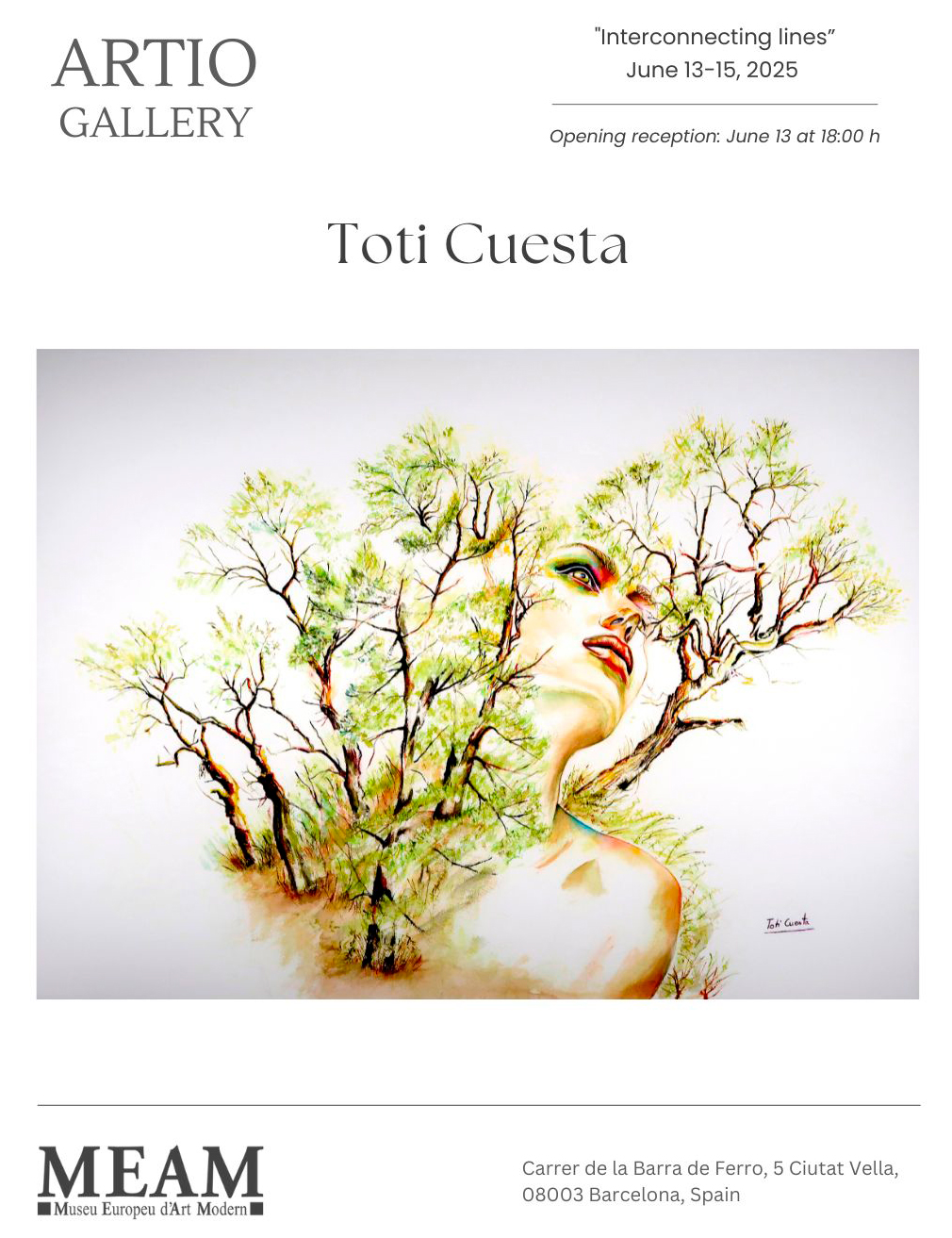 Acuarelista contemporánea presentando la obra Soy árbol en una exposición internacional celebrada en el MEAM de Barcelona.