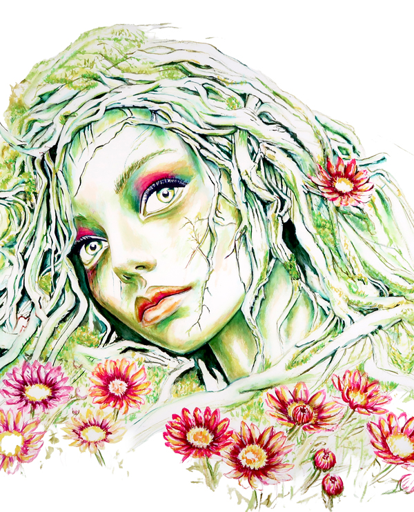 Acuarelista contemporánea representando una figura femenina rodeada de flores y vegetación en acuarela.