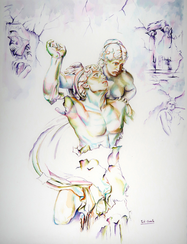 Huida del Olimpo, acuarela de Toti Cuesta inspirada en la mitología clásica que representa la transformación personal y el valor de abandonar lo conocido.