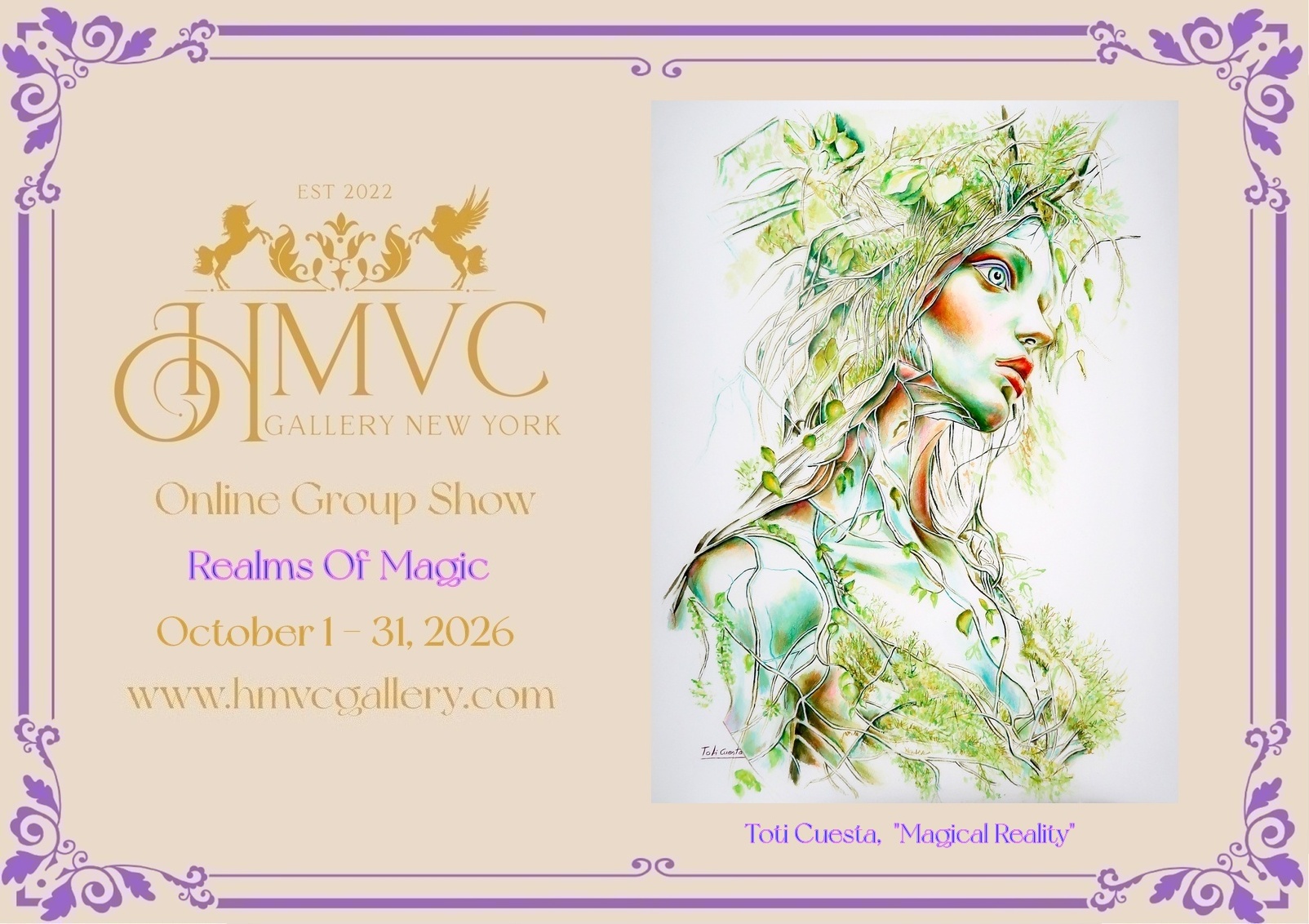 Cartel de Realms of Magic, exposición online de HMVC Gallery New York, con la acuarela Magical Reality de Toti Cuesta.
