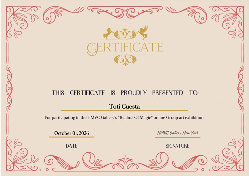 Certificado de finalista de Toti Cuesta en Realms of Magic, HMVC Gallery New York